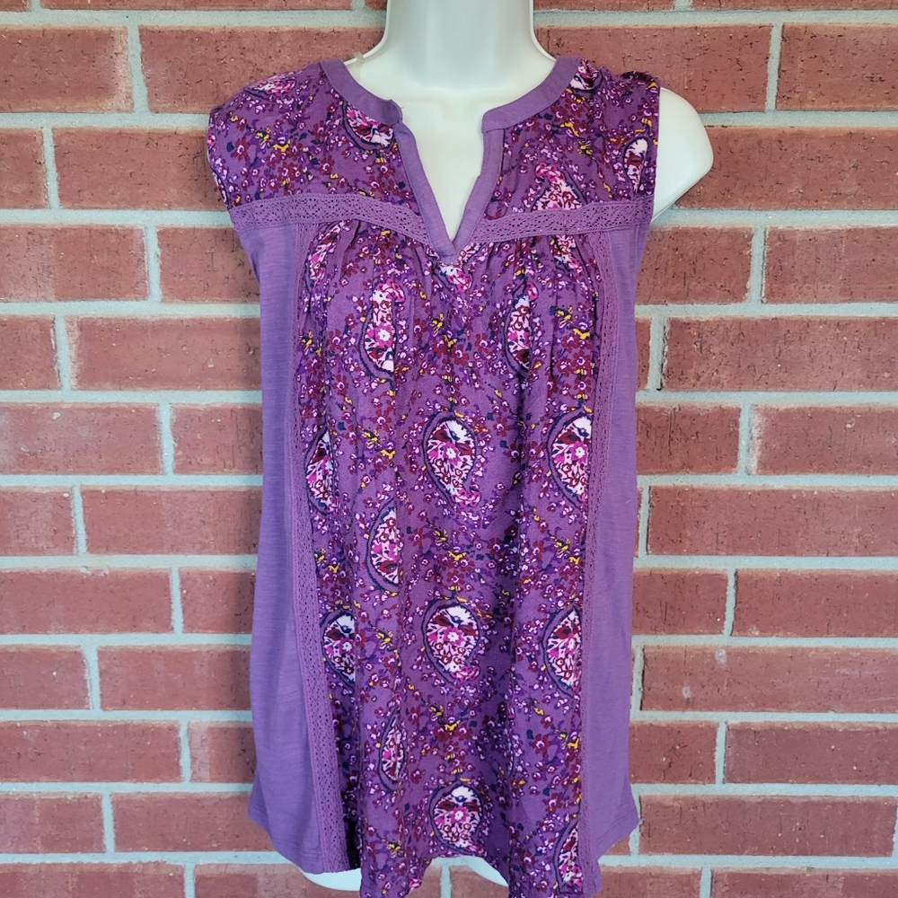 St. John’s Bay XL Purple Paisley Sleeveless Tunic Top Lace Trim.  #314
